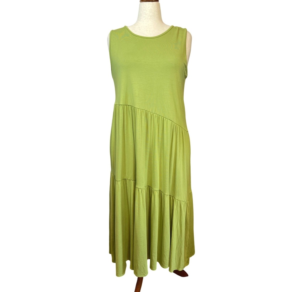 Chicos Lime Green Asymmetrical Tiered Midi Dress Womens XL 3 Sleeveless Jersey